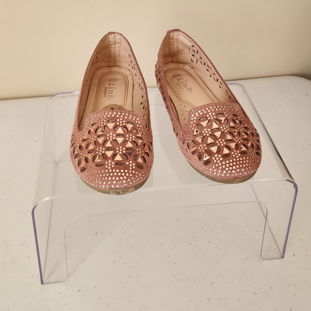 Girls Pink Rhinestone Cutout Flats | Size 12 Link Comfort Slip-On Sparkle Shoes